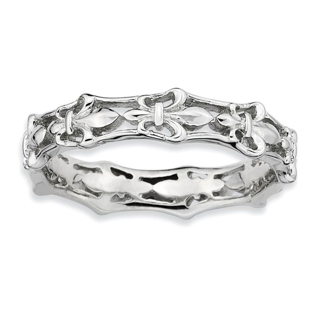 Rhodium Plated Sterling Silver Fleur de Lis 4.5mm Band, Size 9